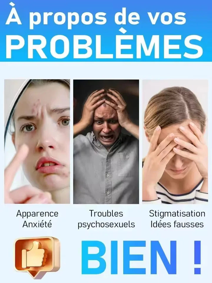 Three photos showing people expressing distress, labeled with text about anxiety, sexual health issues, and stigma.