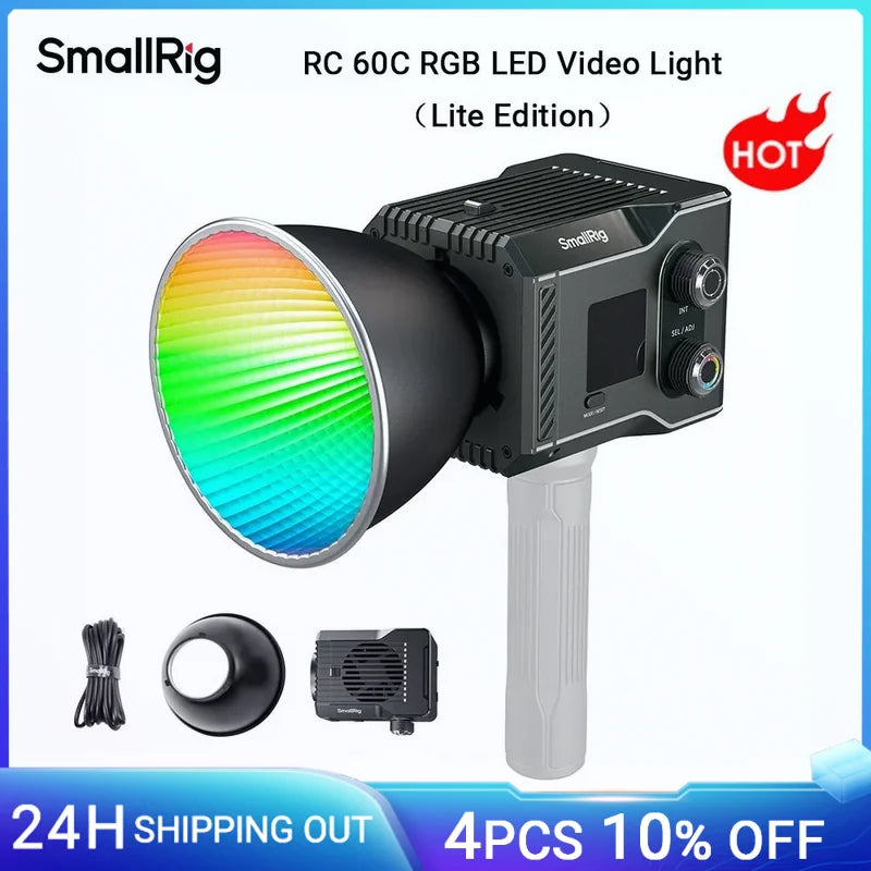 RC 60C RGB LED video light with a black housing, rainbow-colored reflector, and gray handle for portable photography.