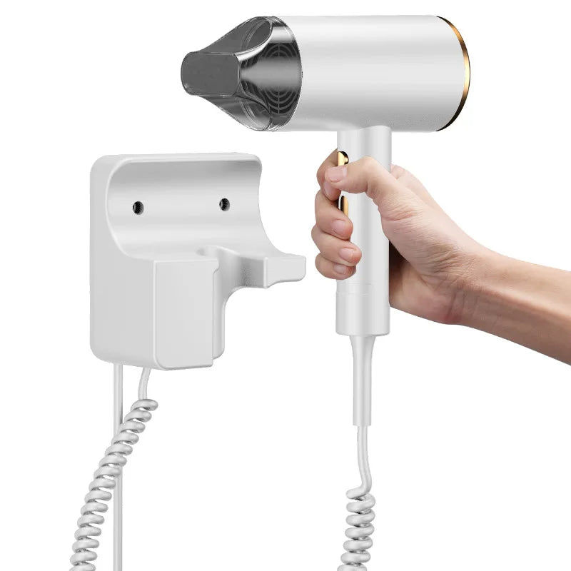 White wall-mounted hotel hair dryer with nozzle attachment, coiled cord, and modern compact design for easy storage.