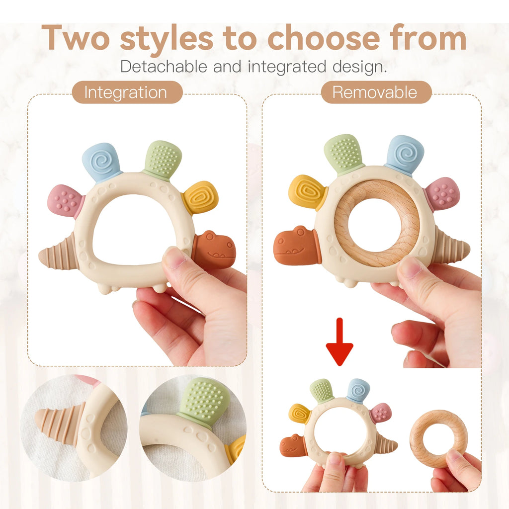 Baby Silicone Teether Toys,Perfect for Teething Toys 0-3-6 Months and Shower Gifts, BPA-Free, Ergonomic Dinosaur Wood Design.