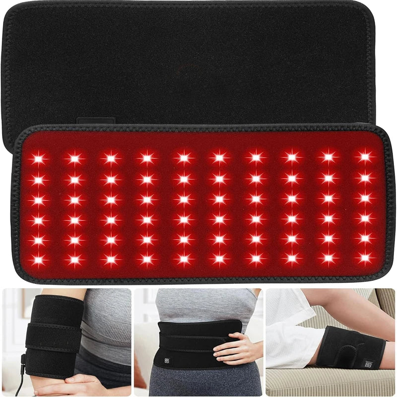 Portable red light therapy belt for back and waist with 660nm and 850nm LED infrared lights for pain relief.
