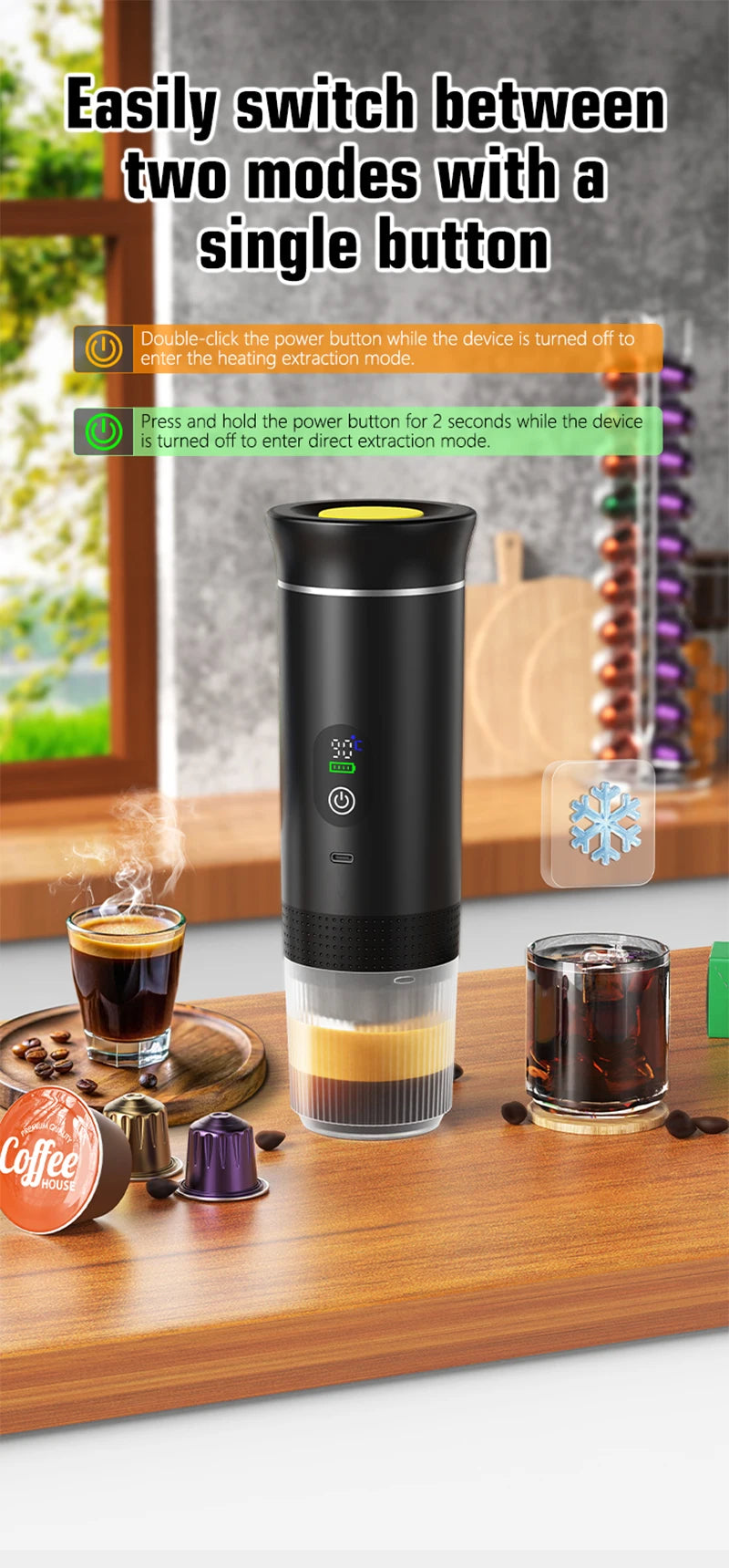 Portable black espresso maker with digital display, heating and cold extraction modes, and coffee capsule compatibility.