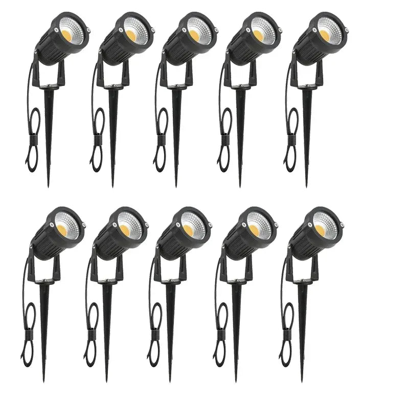 Set of black LED landscape spike spotlights with adjustable heads and cable loops