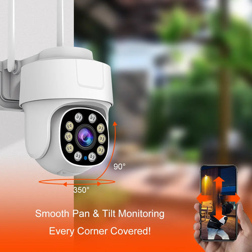 White PTZ security camera close-up with rotating lens and pan/tilt motion
