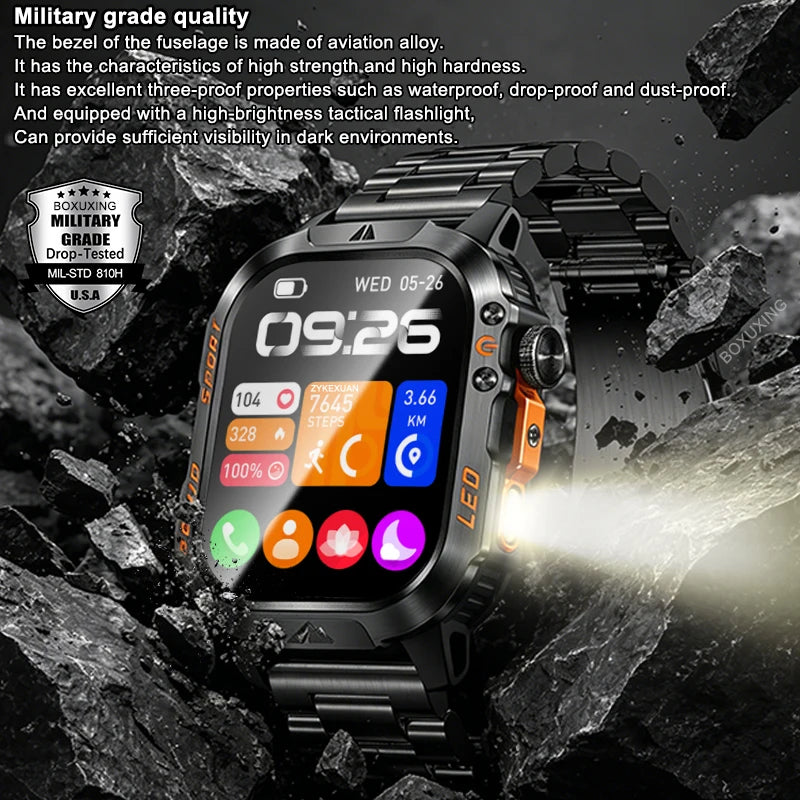 New Military Grade 1200mAh Battery Smartwatch Men 5ATM Waterproof Sports Tracker Flashlight Heart Rate AMOLED Screen Smart Watch