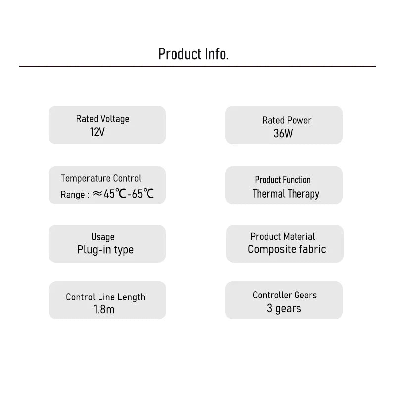Product specs for red light heating headband: thermal therapy, 3-gear temp control 45-65°C, 1.8m cord, composite fabric.