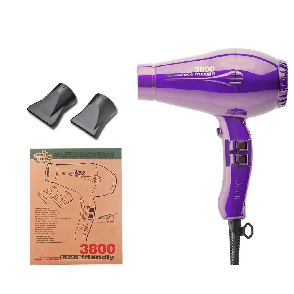 Purple 2100W ionic hair dryer with two styling nozzle attachments, featuring 3-speed settings and eco-friendly design.