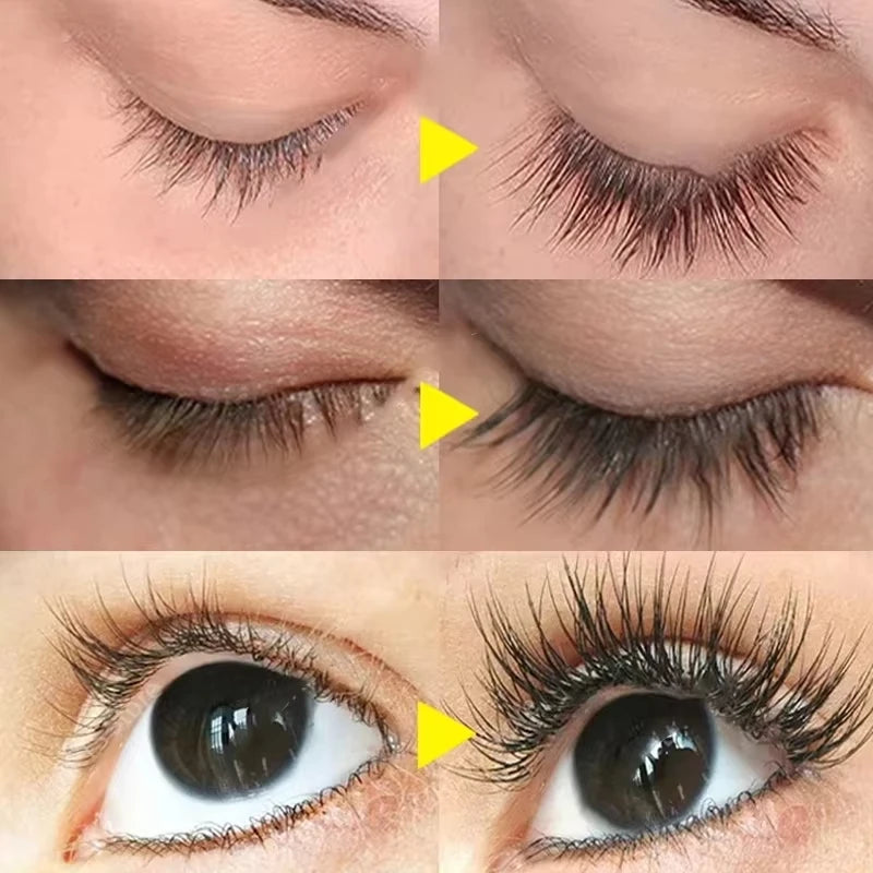 Before and after comparison of longer, thicker lashes using 2-in-1 natural eyelash and eyebrow growth serum enhancer.