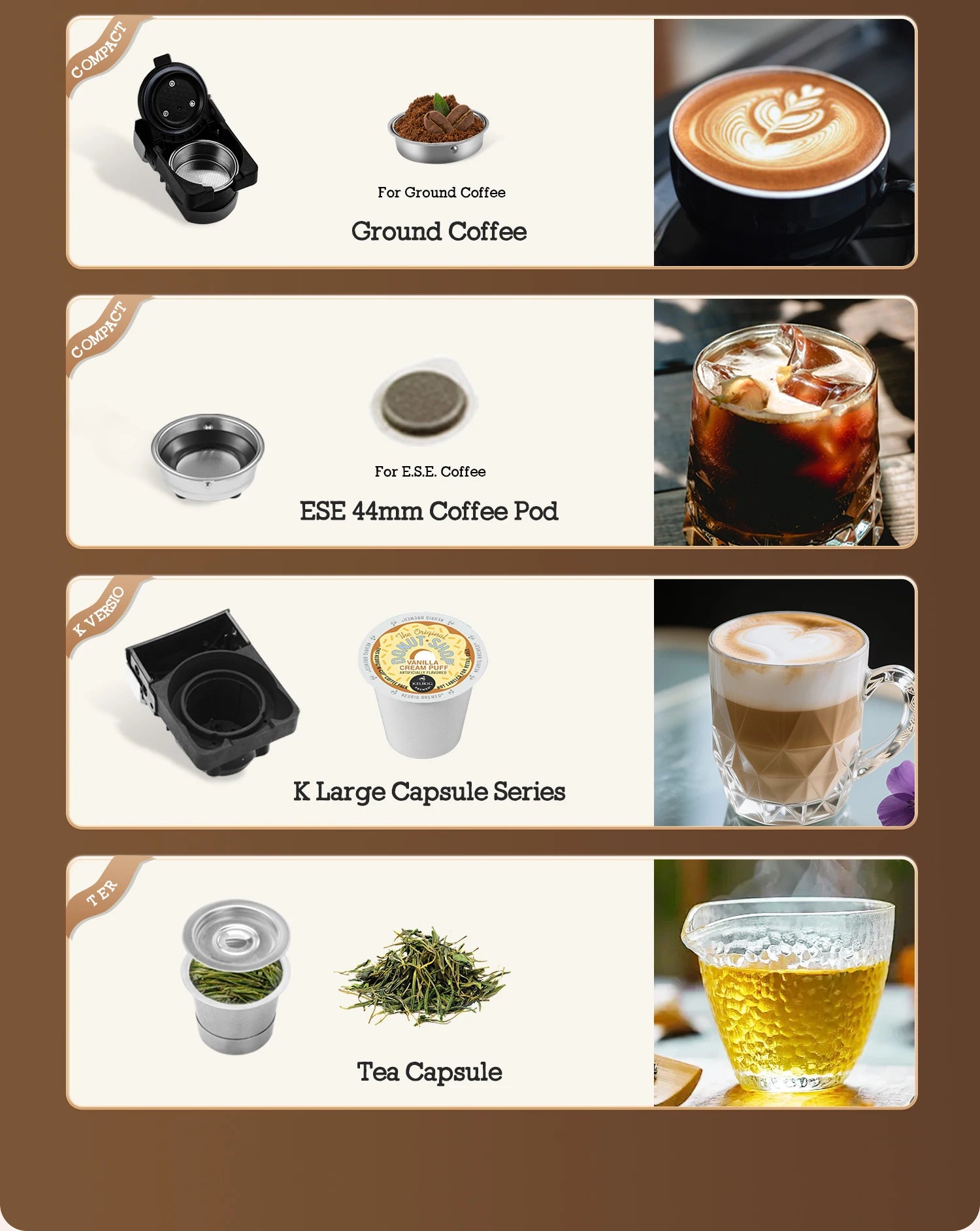 Multi-use coffee and tea maker accessories for ground coffee, ESE pods, K-capsules, and tea leaves.