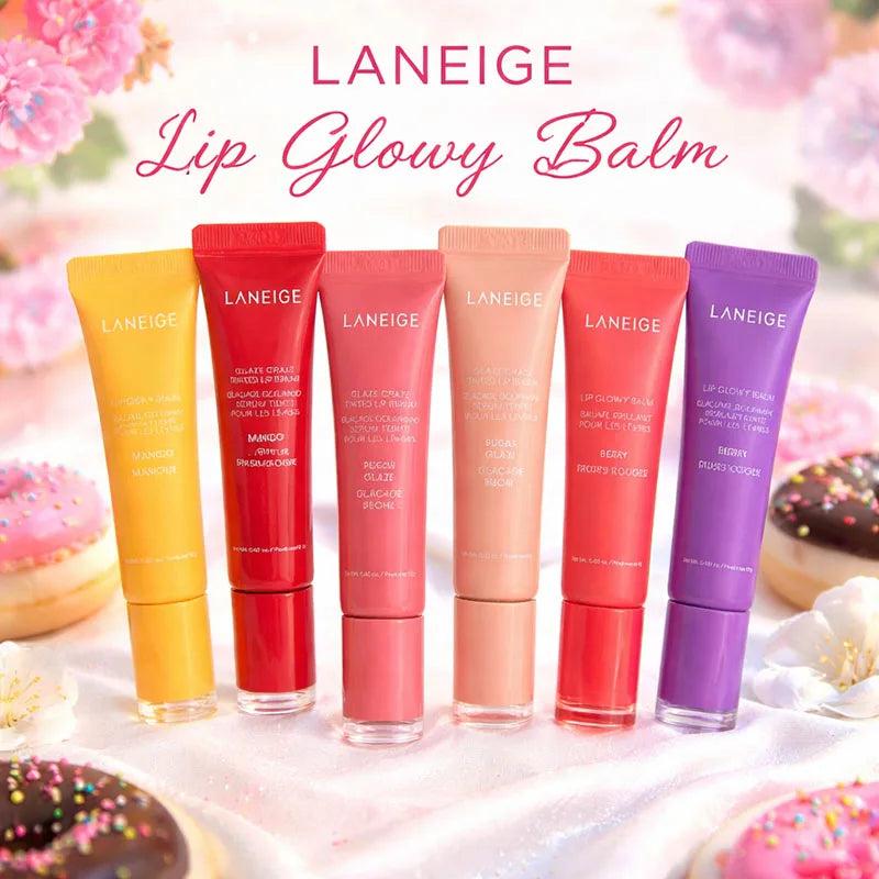 Laneige Lip Glowy Balm collection in colorful squeeze tubes with glossy, hydrating shea butter formula for radiant lips.