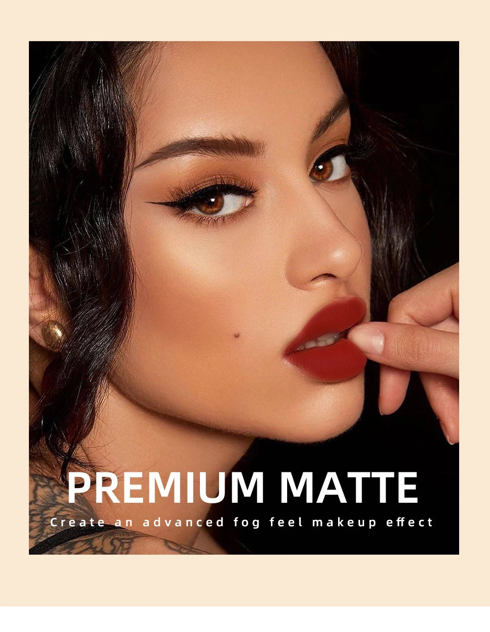 QIBEST sexy red velvet liquid lipstick with a long-lasting, nonstick matte finish on a woman's lips.