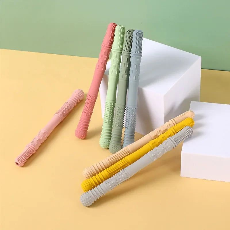 Newborn Hollow Teething Tube Baby Silicone Teether Stick Biting Chewing Straws Nursing Soother Molar Toy Gift for Infants