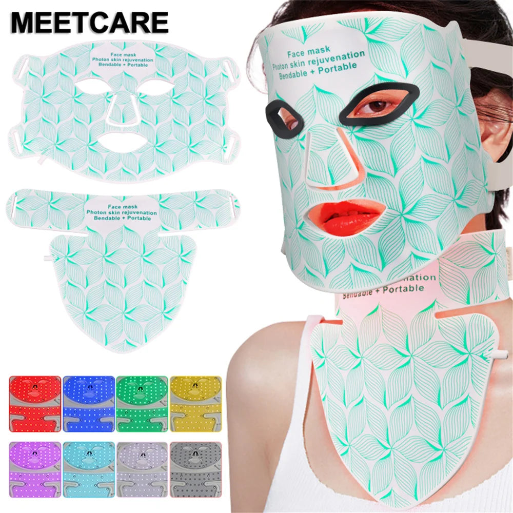 8-color LED face and neck mask for skin rejuvenation, anti-aging, acne treatment, and light therapy.