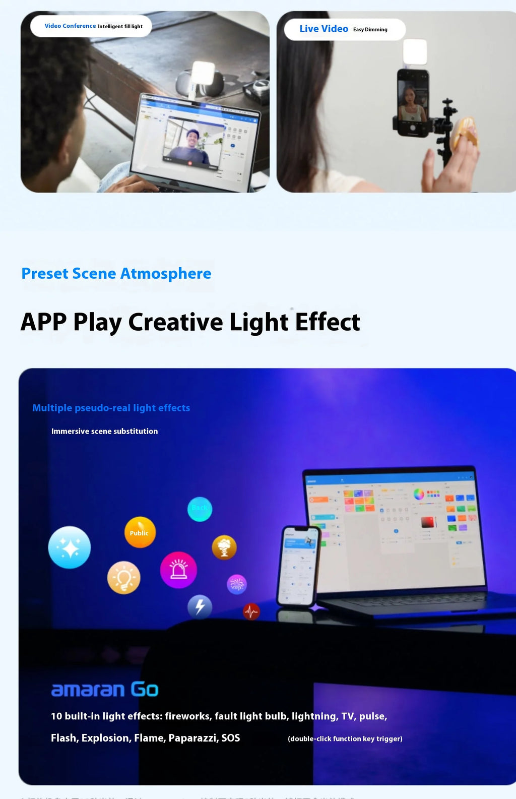 Small square LED fill light mounted on laptops and phone stands, showing adjustable lighting and app-controlled effects.