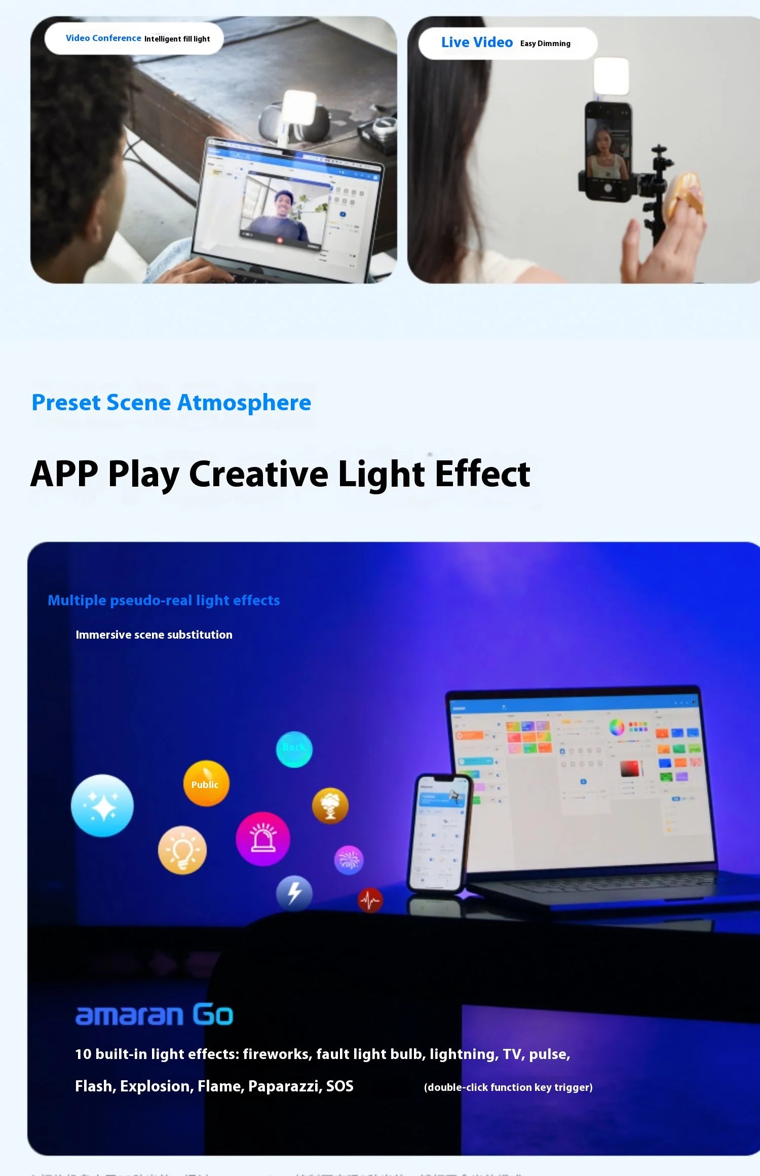 Small square LED fill light mounted on laptops and phone stands, showing adjustable lighting and app-controlled effects.