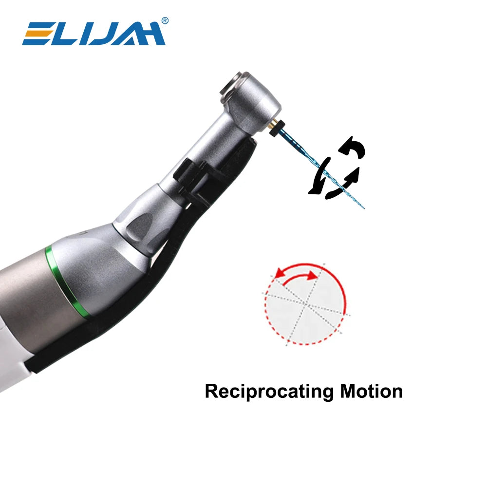 Blue NiTi dental reciprocating endodontic file in a motorized handpiece for rotary root canal treatment procedures.
