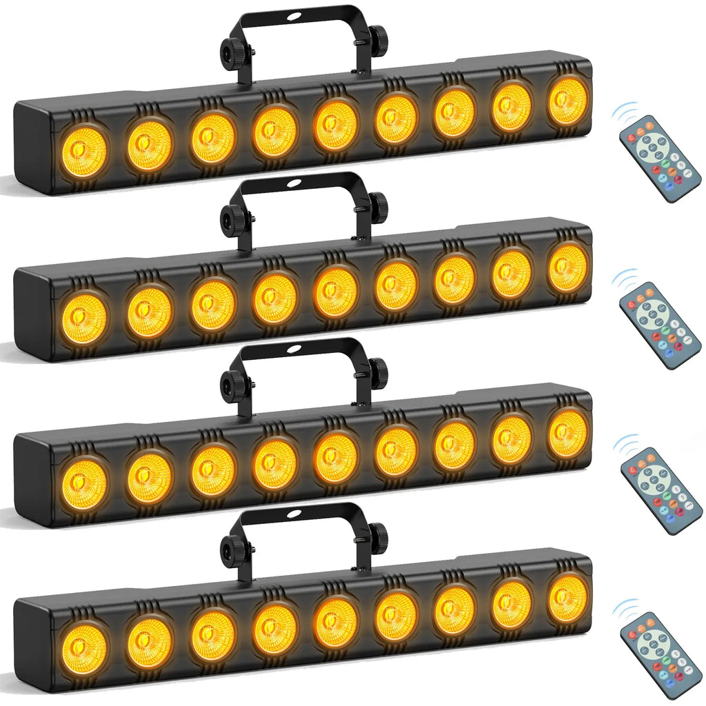 Multiple RGBW LED light bars with carry handles, lens array, and remote