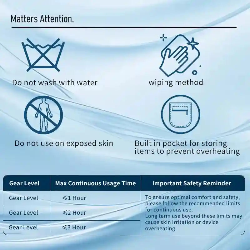 Safety guide for red light ankle heating sleeve: cleaning, skin contact, storage, and usage time limits chart.