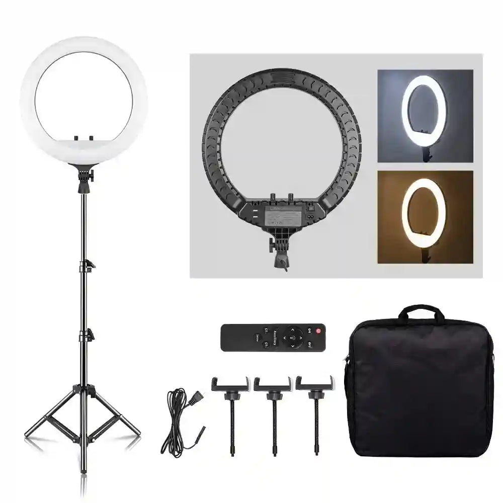 Ring light kit with adjustable tripod stand, remote control, phone mounts, power cord, and carrying case for lighting.