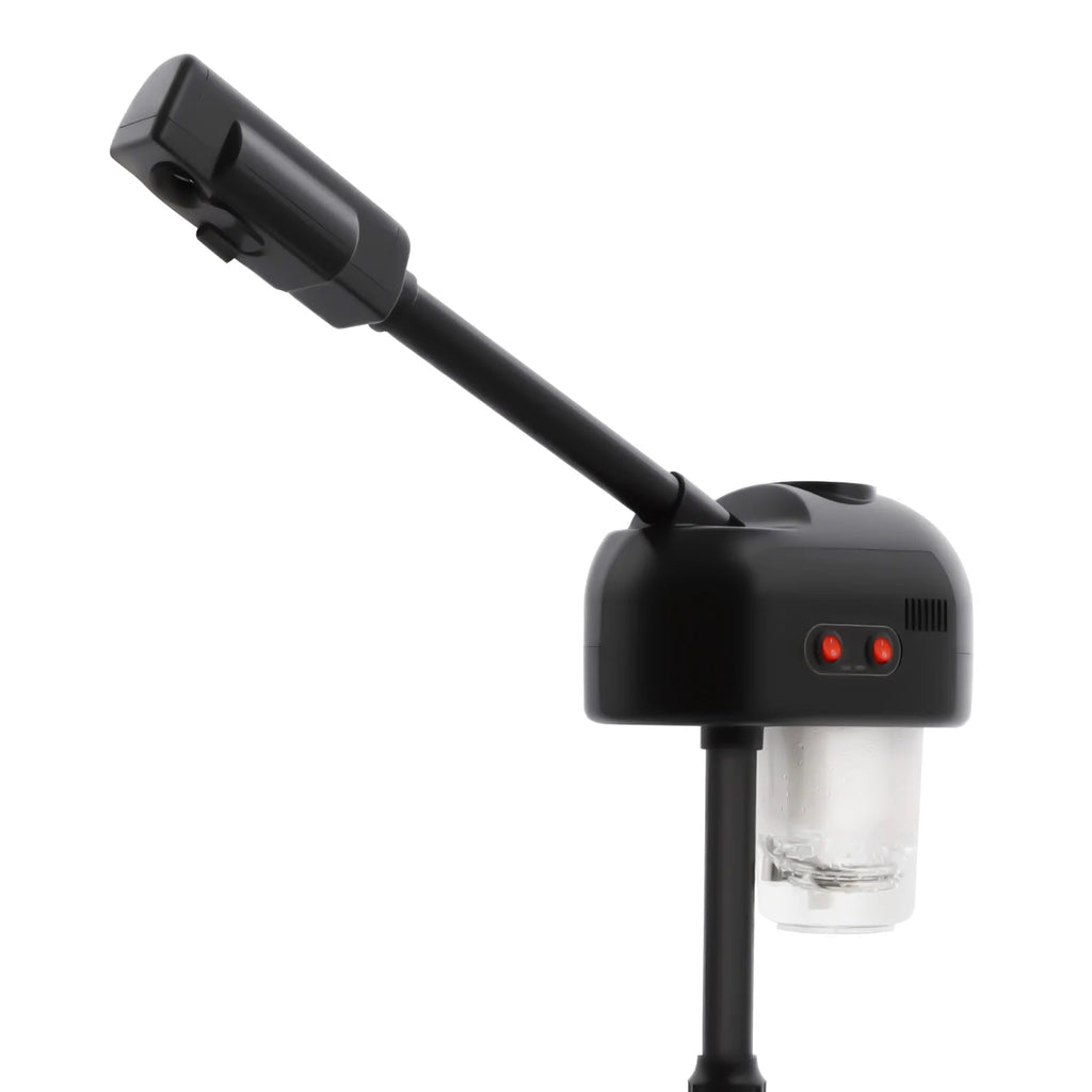 Black professional facial steamer with 750ml water tank, adjustable arm, and power buttons for spa or home skin care.