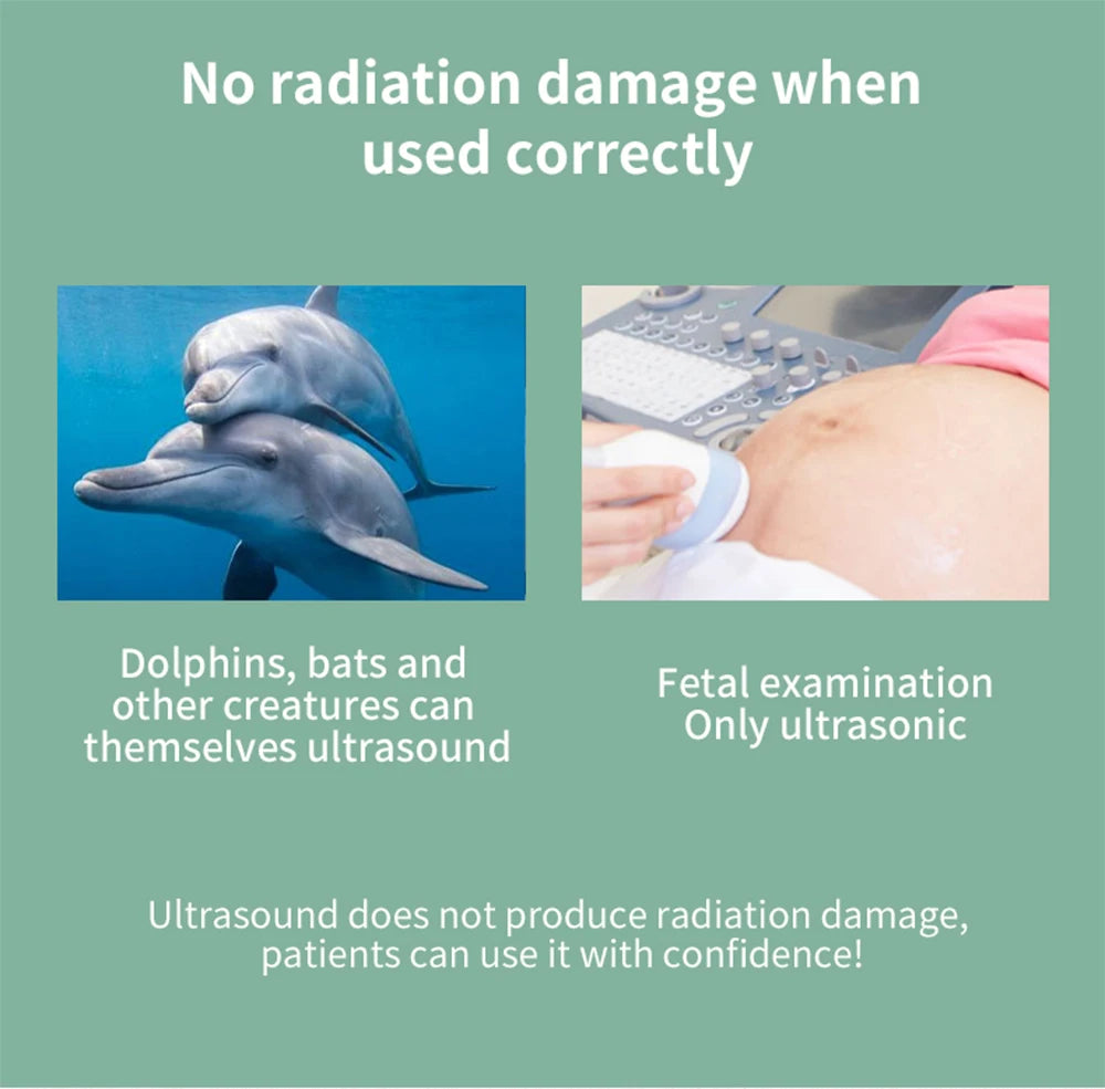 A handheld ultrasound probe used for a fetal scan on a pregnant person’s abdomen, illustrating non-radiation medical