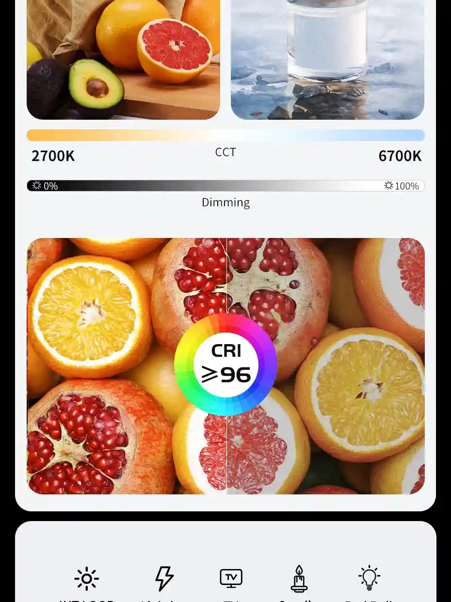 Lighting control interface showing 2700K-6700K color temperature, dimming slider, CRI 96 color accuracy, and scene