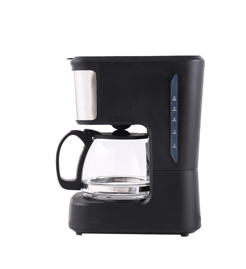Black 6-cup drip coffee maker with glass carafe and stainless steel accents on a white background.