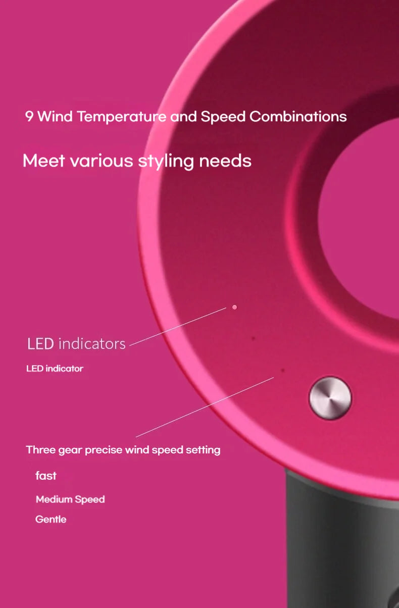 Pink high-speed hair dryer with LED indicators and 9 precision temperature and wind speed settings for fast styling.