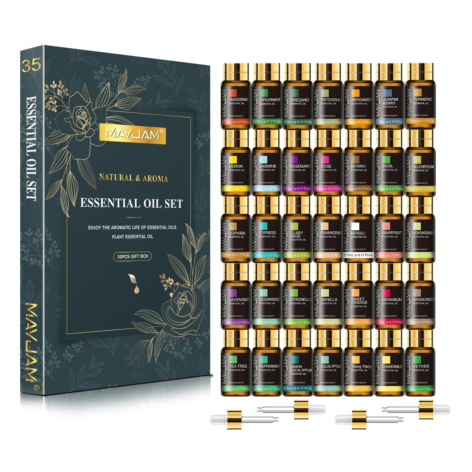 MAYJAM 35 Bottles Aromatherapy Essential Oil Gift Set Lavender Jasmine Eucalyptus Vanilla Peppermint Sandalwood Fragrance Oils