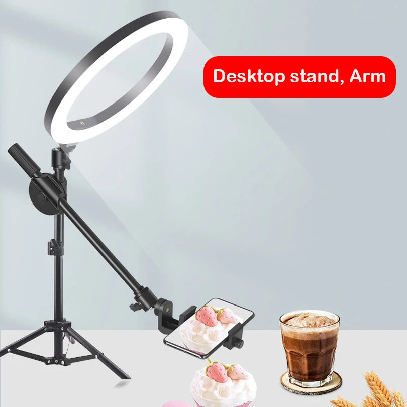 Black desktop ring light stand with adjustable arm and phone holder for overhead photography and video recording.