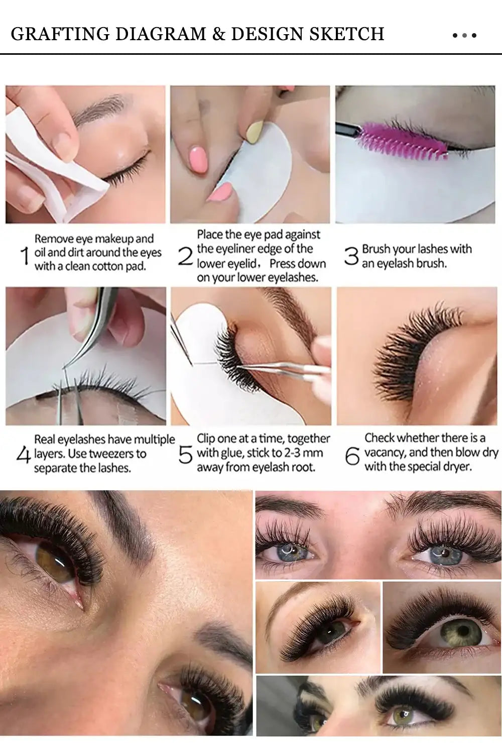 Six-step instructional diagram demonstrating the process of applying individual eyelash extensions using pads and tools.