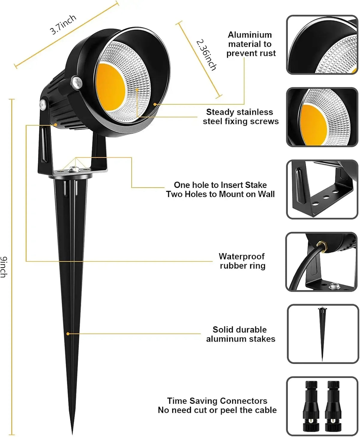 Black LED landscape spotlight with mounting bracket, stake, and waterproof design