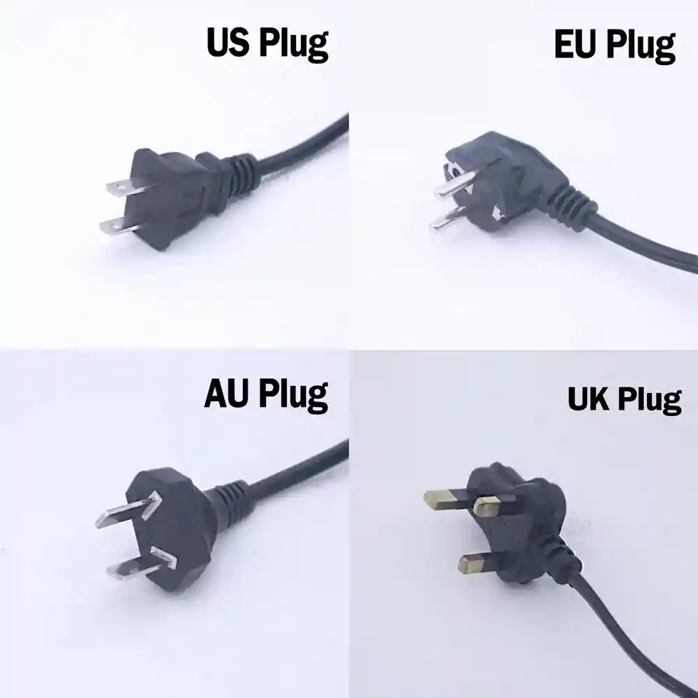 Four black power cord plug types: US, EU, AU, and UK styles for international electrical outlet compatibility.