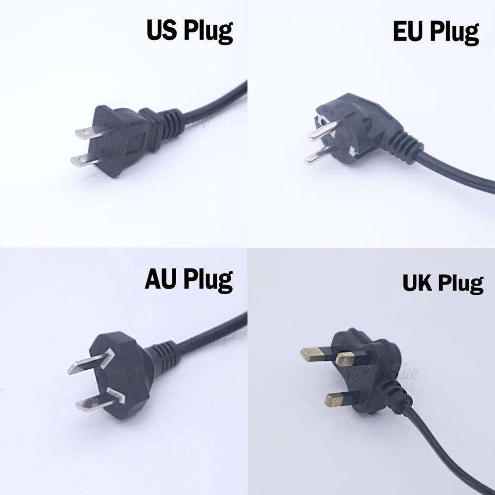 Ionic detox foot spa power cord options featuring US, EU, AU, and UK black electrical plugs for home use devices.