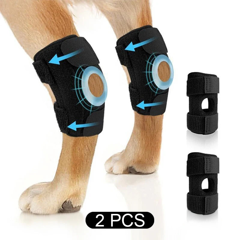 Black breathable dog knee pads for joint support and injury recovery. Set of 2 protective leg wraps for dogs.