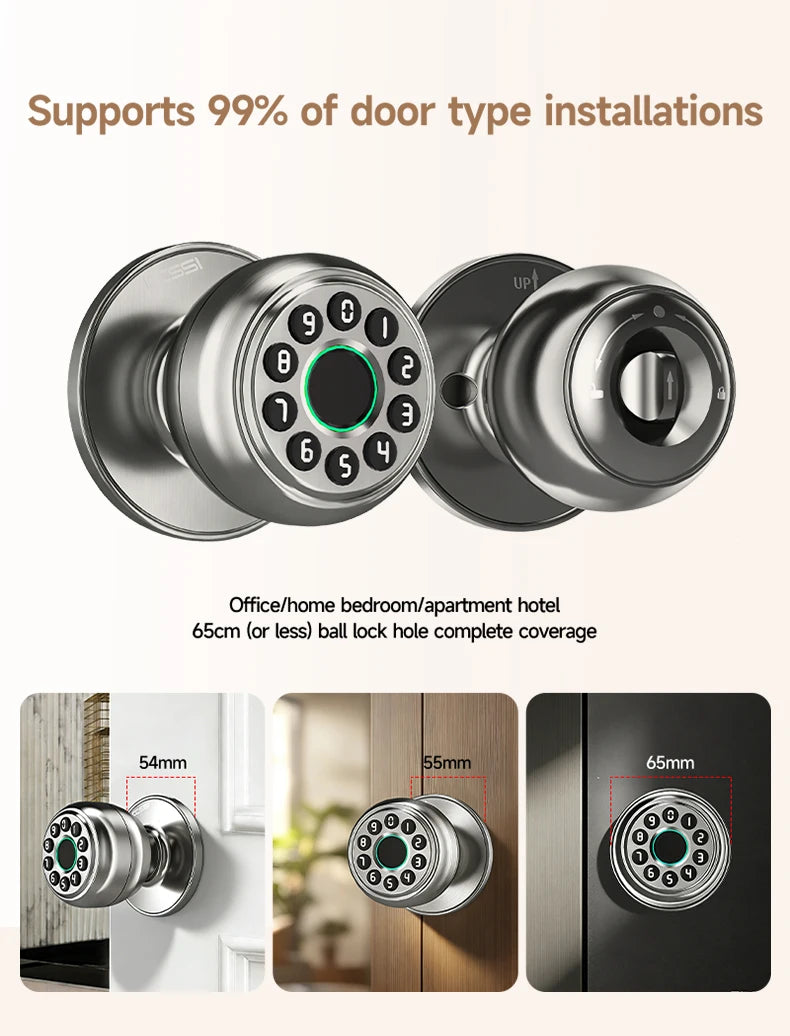 ICCSSI K10CPLUS Smart Lock Tuya Spherical Door Lock Tuya Fingerprint Password Key 4-in-1 Unlock for Airbnb Home Aluminum Alloy