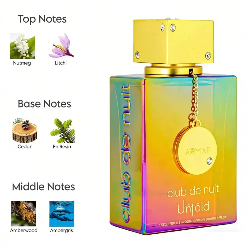 Armaf Club de Nuit Untold 105ml unisex EDP, square iridescent bottle, with nutmeg, litchi, cedar, and ambergris notes.