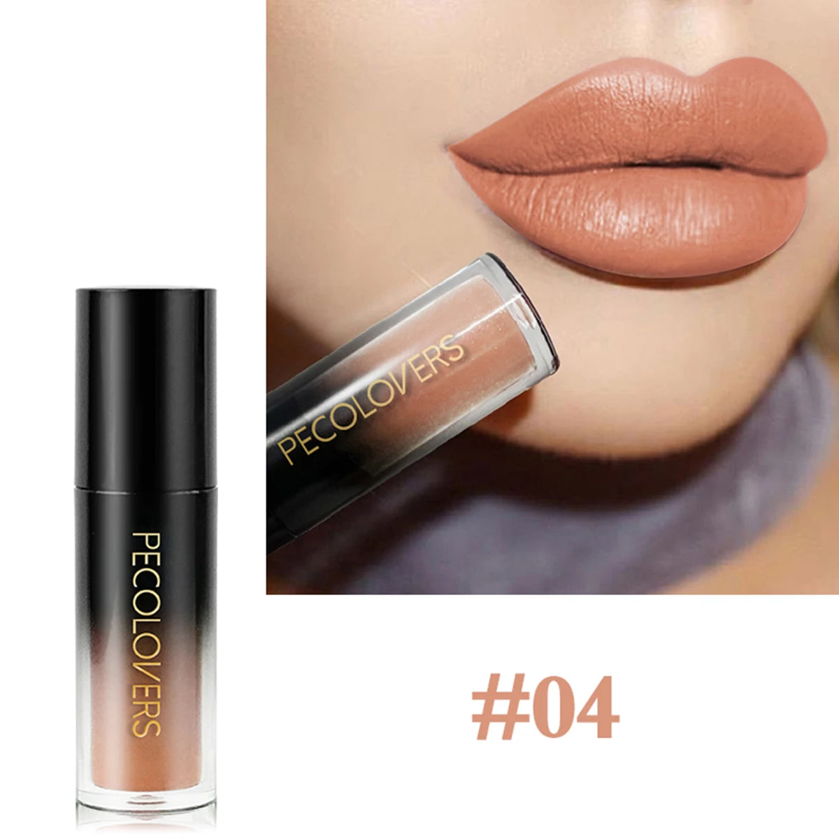 Pecolovers velvet liquid lipstick in shade #04, a moisturizing, long-lasting nude matte lip makeup with smooth texture.