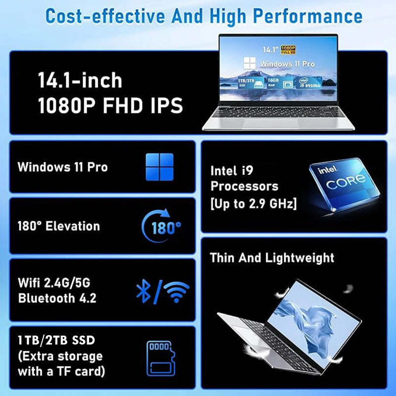 2026 New 14.1" Laptop Computer Intel Core i9 10980HK Windows 11 Pro 16GB RAM 1TB M.2 SSD Gaming Notebook WiFi6 Portable Laptop