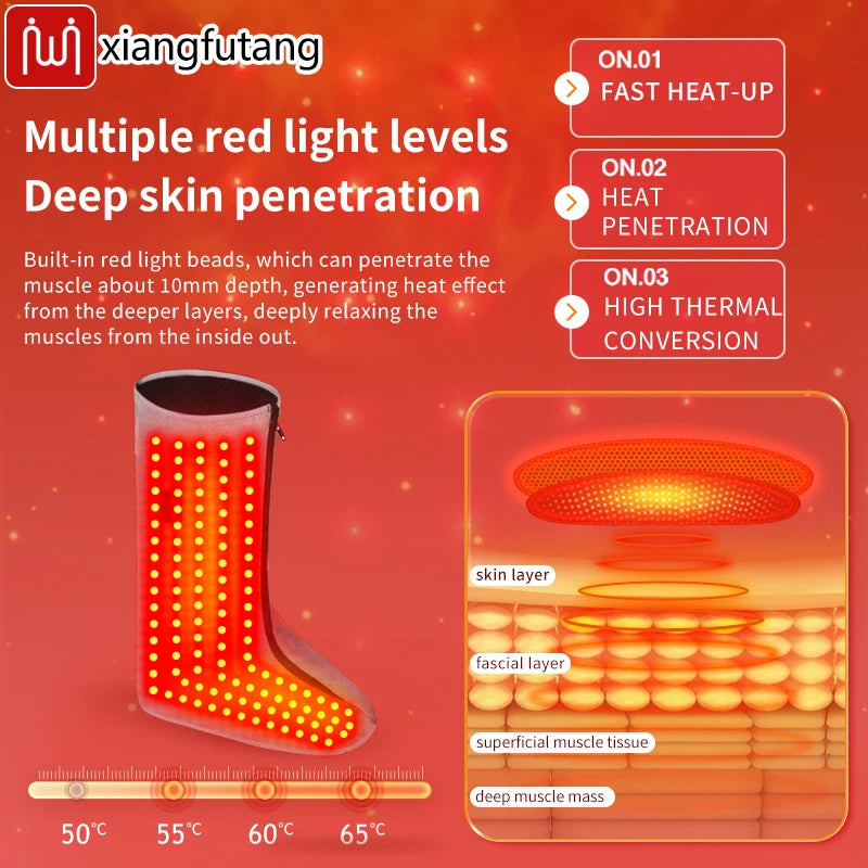 Red light therapy heated leg and foot massager for circulation, pain relief, and deep muscle warmth.