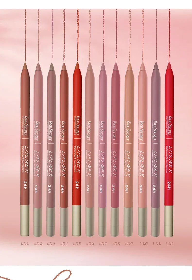 Face Secret 12-color waterproof matte velvet lip liner set with long-lasting pigment and precision pen tips.