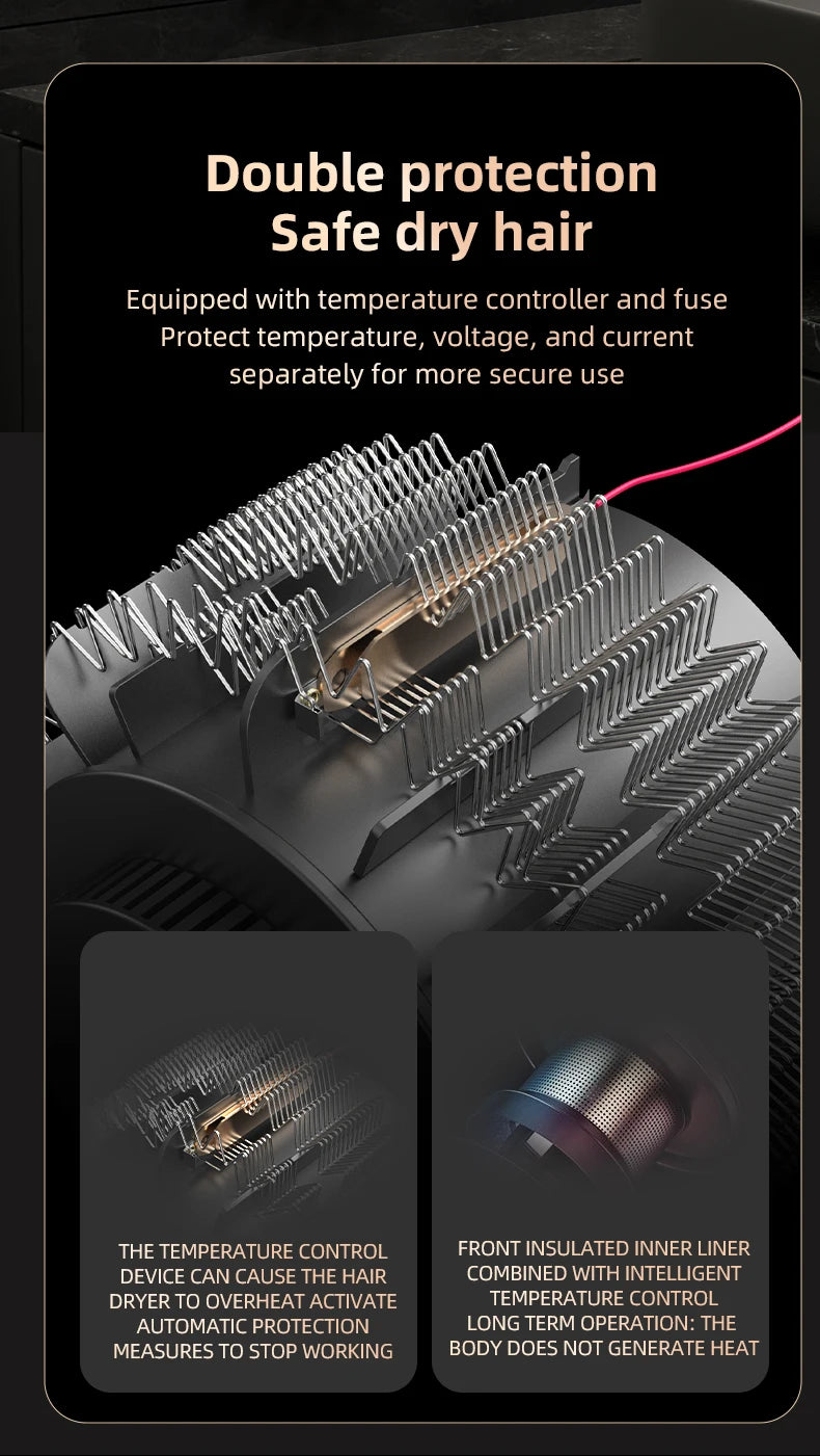 Black wall-mounted hair dryer showing internal heating element, thermal protection, and insulated design for safe use.