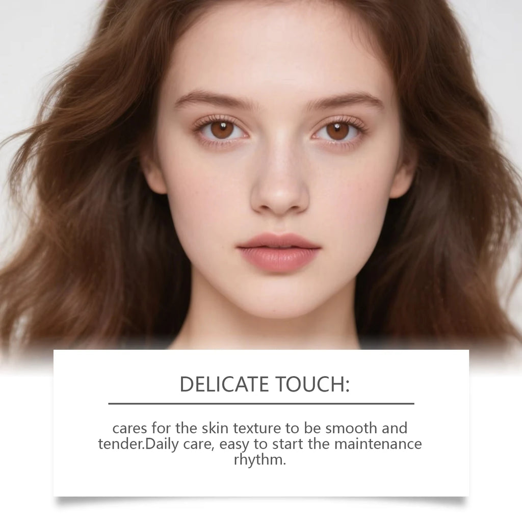 Close-up of a young woman with smooth, clear skin, captioned "Delicate Touch" for an anti-aging skincare product.