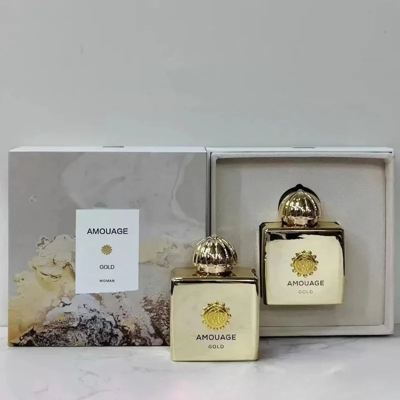 Amouage Gold Woman luxury EDP, gold square bottles with ornate caps, Arabian woody oriental perfume gift set, 100ml.