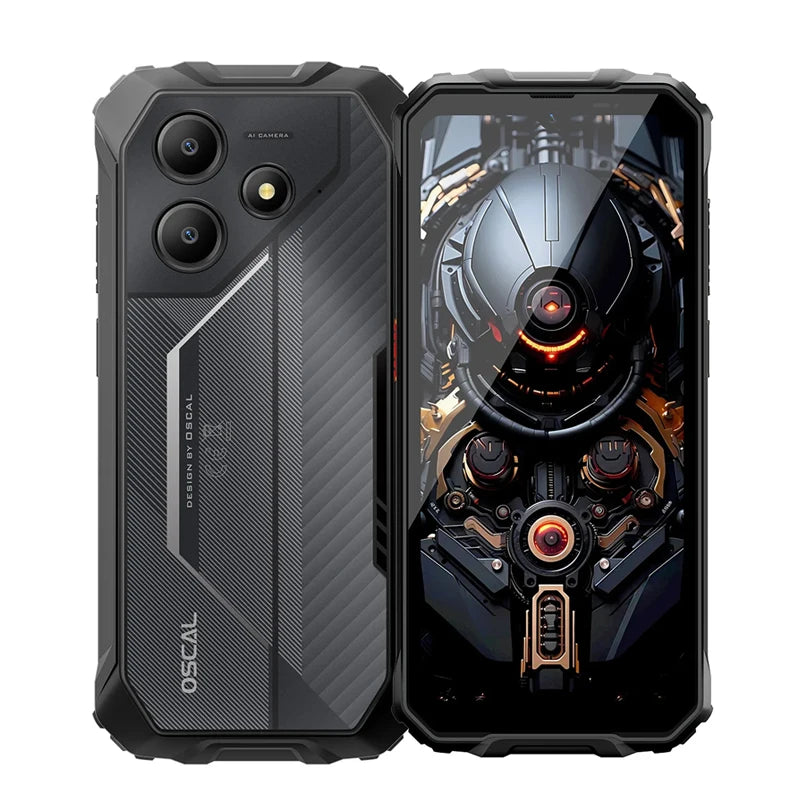 Blackview OSCAL Marine 2 rugged black smartphone, front and rear views, AI dual camera, 11000mAh battery, HD+ display.