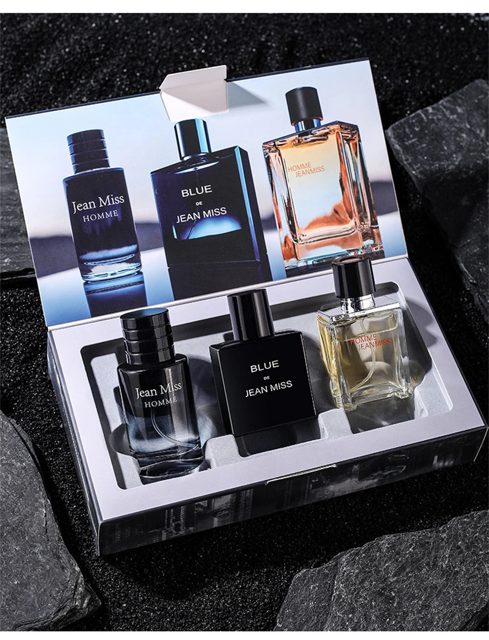 Jean Miss 3pc men’s perfume gift set. Square glass bottles, masculine EDP cologne collection for long-lasting scent.