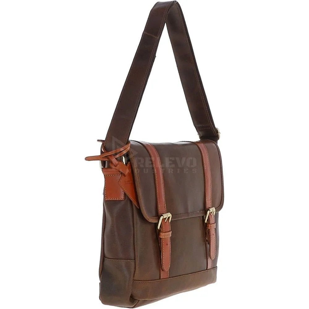 Minimalist brown genuine leather shoulder bag with buckle straps, vintage messenger style for travel and outdoor use.