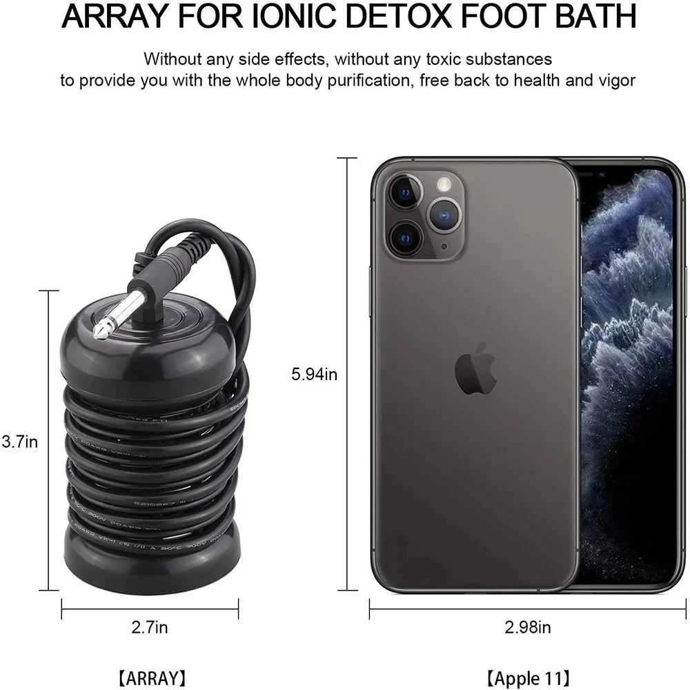 Black ionic detox foot bath array with cable shown next to a smartphone for size comparison, 3.7in height.
