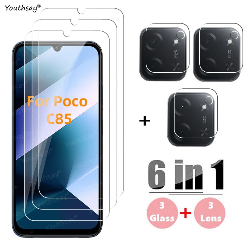 6in1 Full Gule Glass For Xiaomi Poco C85 Tempered Glass Poco C85 Screen Protector Protective Phone Camera Lens Film Poco C85 AE Tidesmit
