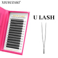 U-shaped eyelash extensions in a pink case with 13mm black lash strips and a pair of fine-point metal tweezers.
